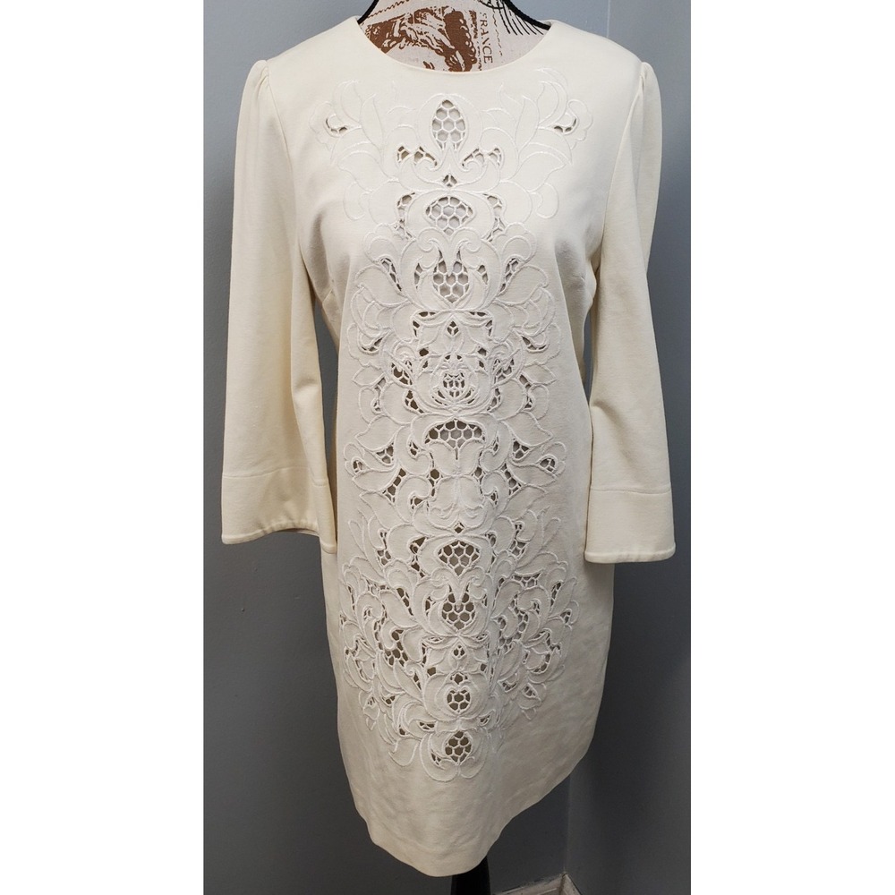 Cynthia Steffe Sheath Dress Womens 6 White Embroidered Laser Cut Lace Back Zip